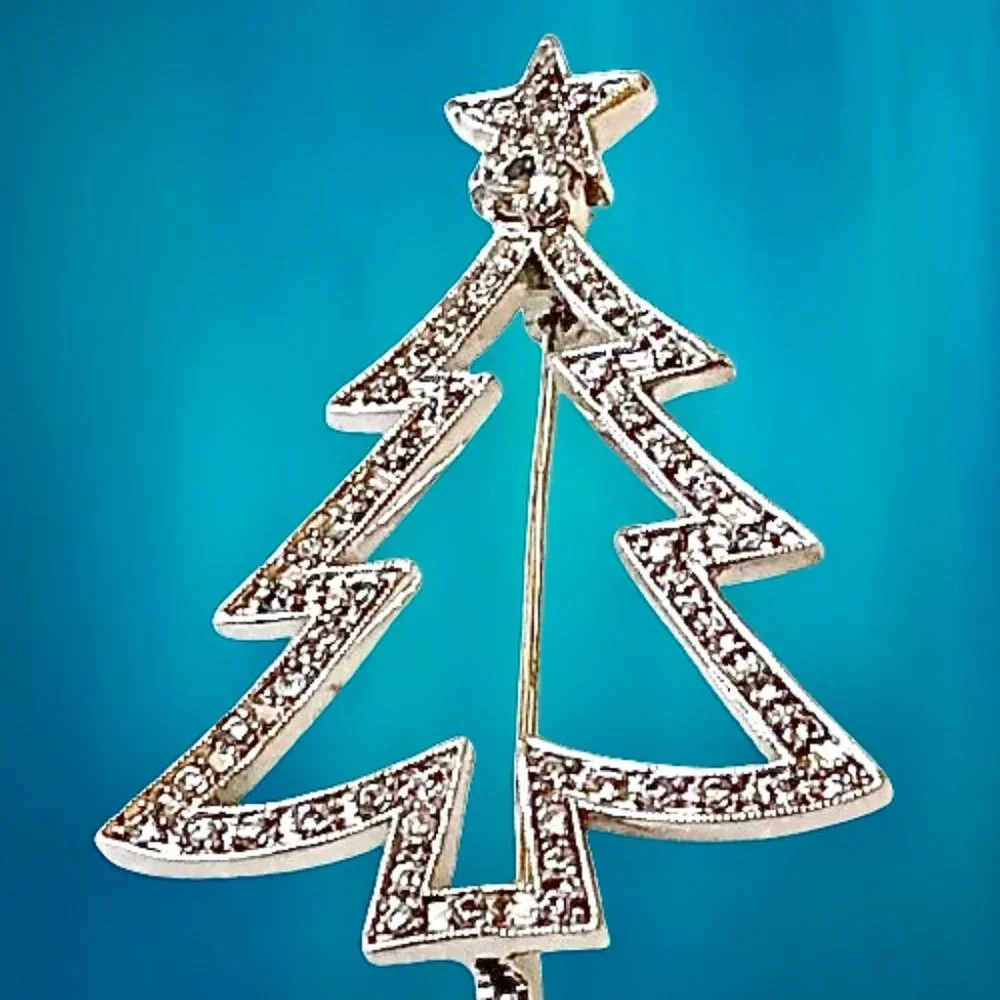 Christmas Tree Vintage Rhinestone Brooch Pin Silvertone + Clear Cut Out